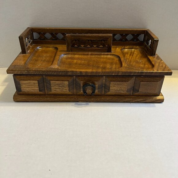 Vintage men's jewelry/valet wooden box with one lined drawer with horseshoe pull - Picture 1 of 16
